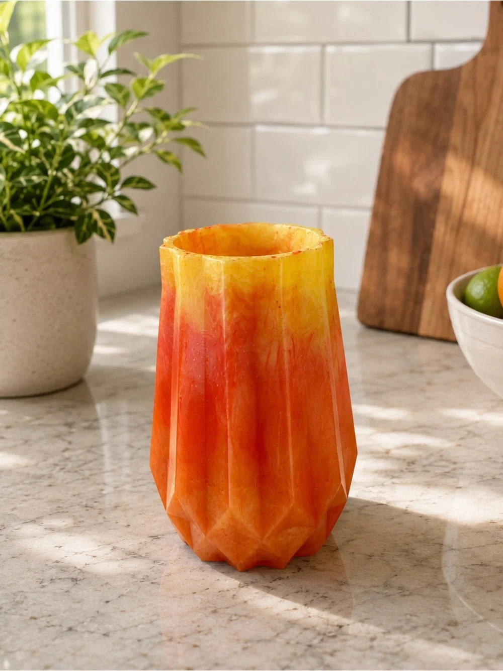 Gradient Orange & Yellow Faceted Decorative Vase